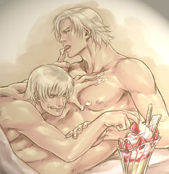 Rule 34 | 00s, 2boys, albino, artist request, bed, blue eyes, brothers, capcom, collarbone, dante (devil may cry), devil may cry, devil may cry (series), devil may cry 2, devil may cry 3, dual persona, finger to mouth, food, fruit, glass, incest, licking, looking at viewer, lying, male focus, multiple boys, muscular, navel, nipples, nude, open mouth, parfait, pocky, profile, serious, siblings, strawberry, tongue, topless male, upper body, vergil (devil may cry), wafer stick, whipped cream, white hair, yaoi