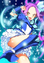 Rule 34 | &gt;:o, 1girl, :o, blue background, blue footwear, blue ribbon, boots, cure beat, earrings, hair ornament, hair ribbon, heart, heart hair ornament, jewelry, knee boots, kurokawa eren, light particles, long hair, magical girl, parted bangs, petticoat, precure, purple hair, ribbon, seiren (suite precure), serious, shiny skin, side ponytail, skirt, solo, suite precure, v-shaped eyebrows, wrist cuffs, yellow eyes, yuto (dialique)