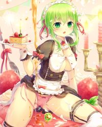 Rule 34 | 1girl, apron, bad id, bad pixiv id, blush, breasts, cake, cleavage, food, green eyes, green hair, gumi, looking at viewer, maid, maid apron, matching hair/eyes, open mouth, panties, sakakidani, short hair, solo, tray, underwear, vocaloid