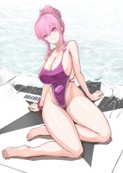 Rule 34 | 1girl, absurdres, ayla (punishing: gray raven), breasts, cleavage, closed mouth, highleg, highleg swimsuit, highres, huge breasts, looking at viewer, one-piece swimsuit, pink eyes, pink hair, punishing: gray raven, purple one-piece swimsuit, purple scrunchie, scrunchie, sidelocks, sitting, solo, swimsuit, wrist scrunchie, yagikan (caru2338)