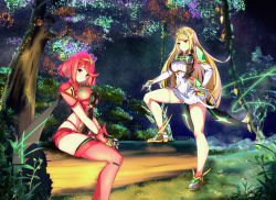 Rule 34 | 2girls, absurdres, aegis sword (xenoblade), bare legs, bare shoulders, black gloves, blonde hair, breasts, chest jewel, cleavage, cleavage cutout, clothing cutout, dress, earrings, elbow gloves, gloves, highres, jewelry, large breasts, long hair, multiple girls, mythra (xenoblade), oreoreoxt, pyra (xenoblade), red eyes, red hair, red legwear, red shorts, short dress, short hair, short shorts, shorts, swept bangs, sword, thigh strap, thighhighs, tiara, very long hair, weapon, white dress, white footwear, white gloves, xenoblade chronicles (series), xenoblade chronicles 2, yellow eyes