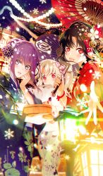 3girls :o animal architecture bear black_hair blurry breasts bucket commentary curtained_hair diffraction_spikes fate/grand_order fate_(series) feet_out_of_frame floral_print floral_print_kimono flower flower_request hair_bun hair_flower hair_ornament hanamura_mai head_tilt holding holding_animal holding_bucket holding_umbrella ishtar_(fate) japanese_clothes kimono lens_flare long_hair looking_at_viewer multiple_girls night offering_hand official_alternate_costume official_art oil-paper_umbrella open_mouth outdoors parted_lips parvati_(fate) print_kimono purple_eyes purple_hair purple_kimono purple_umbrella red_eyes red_kimono red_umbrella shirou_(bear)_(fate) side_ponytail sidelocks single_hair_bun sitonai_(fate) smile snowflakes snowing standing stone_lantern third-party_source umbrella white_hair white_kimono winter wooden_bucket