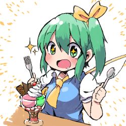 Rule 34 | + +, 1girl, blue vest, blush, bow, cherry, commentary request, daiyousei, drooling, fairy wings, food, fork, fruit, green eyes, green hair, hair bow, hands up, holding, holding fork, holding spoon, kuromu (underporno), medium hair, open mouth, parfait, shirt, short sleeves, side ponytail, solo, sparkle, spoon, table, touhou, upper body, vest, whipped cream, white background, white shirt, wings, yellow bow, yellow neckwear