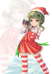 1girl absurdres blunt_bangs bob_cut box brown_eyes child dress feet_out_of_frame fur-trimmed_headwear fur_trim gift gift_box green_hair hat highres holding kantai_collection pantyhose red_dress red_hat ribbed_sweater santa_hat short_hair short_hair_with_long_locks sidelocks smile solo striped_clothes striped_pantyhose sweater takanami_(kancolle) white_background white_sweater yashin_(yasinz) zoom_layer