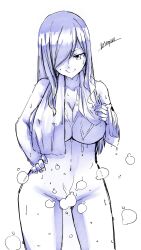 Rule 34 | 1girl, breasts, cleavage, erza scarlet, fairy tail, hair over one eye, highres, large breasts, long hair, monochrome, navel, nude, smile, solo, wet