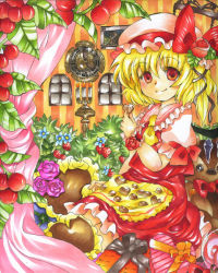 Rule 34 | 1girl, acrylic paint (medium), ascot, bad id, bad pixiv id, blonde hair, blush, bow, candle, cherry, chocolate, clock, embodiment of scarlet devil, female focus, flandre scarlet, flower, food, fruit, hammer (sunset beach), hat, marker (medium), painting (medium), purple flower, purple rose, red eyes, red flower, red rose, ribbon, rose, short hair, side ponytail, solo, strawberry, touhou, traditional media, wings