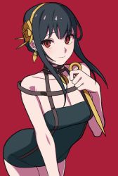 Rule 34 | 1girl, black dress, black hair, breasts, cleavage, closed mouth, dagger, dress, ear piercing, gold hairband, hair bun, hairband, highres, holding, holding weapon, kashiwa (iersansi), knife, leaning forward, medium breasts, piercing, red background, red eyes, sidelocks, simple background, solo, spy x family, stiletto (weapon), weapon, yor briar