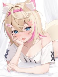 Rule 34 | 1girl, absurdres, animal ear fluff, animal ears, bandaid, bandaid hair ornament, blonde hair, blush, breasts, cleavage, cropped shirt, dog ears, dog girl, dog tail, fang, hair ornament, highres, hololive, hololive english, looking at viewer, medium hair, melvis, mococo abyssgard, mococo abyssgard (1st costume), multicolored hair, open mouth, pink hair, shirt, skin fang, small breasts, smile, solo, streaked hair, tail, virtual youtuber, white background, white shirt, x hair ornament