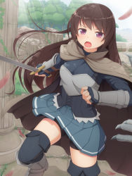 Rule 34 | 1girl, armor, bike shorts, breasts, brown hair, female focus, highres, large breasts, long hair, looking at viewer, open mouth, original, purple eyes, ruins, skirt, solo, sword, tachimi (basue), very long hair, weapon