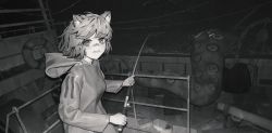 Rule 34 | 1girl, absurdres, animal ear fluff, animal ears, bandaid, bandaid on face, bandaid on nose, boat, commentary request, even (even yiwen), fang, fishing line, fishing rod, greyscale, highres, holding, holding fishing rod, hood, hood down, hooded jacket, huge filesize, jacket, lifebuoy, long sleeves, looking at viewer, monochrome, night, open mouth, original, outdoors, revision, solo, standing, suction cups, sweat, swim ring, tears, tentacles, water, watercraft