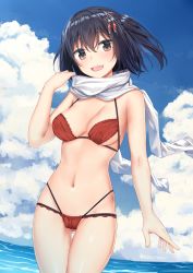 Rule 34 | 1girl, :d, absurdres, arm at side, bikini, black hair, blue sky, breasts, brown eyes, cameltoe, cleavage, covered erect nipples, cowboy shot, day, gluteal fold, hair ornament, highres, jack dempa, kantai collection, medium breasts, medium hair, multi-strapped bikini, navel, ocean, open mouth, outdoors, red bikini, scarf, sendai (kancolle), sendai kai ni (kancolle), sky, smile, solo, standing, swimsuit, thigh gap, two side up, white scarf