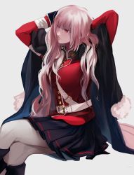 Rule 34 | 1girl, adjusting hair, belt, black skirt, boots, cape, en (enxxx), fate/grand order, fate (series), florence nightingale (fate), florence nightingale (third ascension) (fate), hair down, long hair, pantyhose, pink eyes, pink hair, pleated skirt, skirt, solo