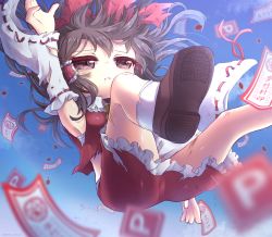 Rule 34 | 1girl, arm up, armpits, ass, blue sky, blurry, bow, brown eyes, brown footwear, brown hair, collared shirt, commentary request, depth of field, detached sleeves, falling, foot out of frame, frilled shirt collar, frilled skirt, frills, hair bow, hakurei reimu, highres, medium hair, outdoors, red bow, red ribbon, red shirt, red skirt, ribbon, ribbon-trimmed sleeves, ribbon trim, sarashi, shirt, shoe soles, shoes, skirt, sky, sleeveless, sleeveless shirt, socks, solo, torn clothes, touhou, unime seaflower, white socks