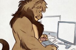 Rule 34 | animal focus, artist name, brown fur, closed mouth, commentary, english commentary, from side, furry, indoors, computer keyboard, monitor, computer mouse, nana nakano, no humans, original, upper body