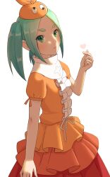 Rule 34 | 1girl, center frills, closed mouth, commentary request, cowboy shot, eyelashes, frilled shirt, frills, frown, green eyes, green hair, hat, heart, highres, looking at viewer, monogatari (series), ononoki yotsugi, orange hat, orange shirt, pointing, pointing at self, red skirt, ribbon, scarf, shirt, simple background, skirt, solo, star (sky), star (symbol), star print, tsukimonogatari, twintails, waist ribbon, white background, white ribbon, white scarf, witoi (roa)