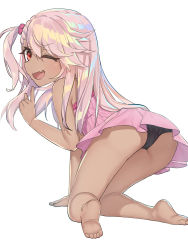 Rule 34 | 1girl, ;d, all fours, arm support, ass, asymmetrical bangs, bare legs, barefoot, black panties, chloe von einzbern, dark-skinned female, dark skin, dress, fang, fate/kaleid liner prisma illya, fate (series), finger to mouth, foreshortening, frilled dress, frills, from behind, gobou no ki, hair between eyes, hand up, highres, index finger raised, kneeling, leaning to the side, long hair, looking at viewer, looking back, multicolored hair, one eye closed, open mouth, panties, pantyshot, pink dress, pink hair, pink theme, pleated dress, red eyes, shushing, side ponytail, sideways mouth, simple background, smile, soles, solo, swept bangs, underwear, v-shaped eyebrows, white background