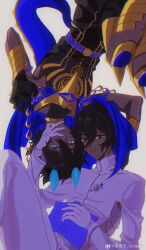 Rule 34 | 2boys, :t, arjuna (fate), arjuna alter (fate), armor, artist name, belt, black gloves, black pants, black shirt, blue belt, blue cape, blue eyes, blue horns, book, brown eyes, cape, chinese commentary, closed mouth, commentary request, dark-skinned male, dark skin, fate/grand order, fate (series), gloves, gold armor, hair between eyes, hand on another&#039;s cheek, hand on another&#039;s face, high collar, highres, holding, holding book, horns, long sleeves, looking at viewer, male focus, multicolored eyes, multiple boys, open book, pants, pout, purple eyes, shirt, simple background, smile, tail, upside-down, vambraces, watermark, weibo logo, weibo username, white background, white gloves, white pants, white shirt, xue xuezi snowlily