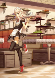 Rule 34 | 1girl, apron, bad id, bad pixiv id, converse, highres, holding, legs, lips, original, pink hair, shoes, sneakers, solo, terumii, thighhighs, tiptoes, tray, waist apron, waitress, zettai ryouiki