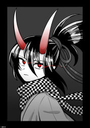 1boy checker_pattern greyscale hair_between_eyes haori highres hojicha horns japanese_clothes looking_at_viewer looking_to_the_side male_focus monochrome okita_souji_(shuumatsu_no_valkyrie) oni oni_horn parted_lips ponytail red_background red_eyes red_horns scarf short_hair shuumatsu_no_valkyrie upper_body