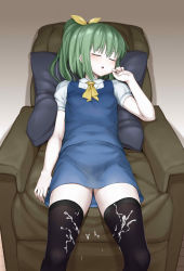 Rule 34 | 1girl, absurdres, black thighhighs, blouse, blue skirt, blue vest, blush, breasts, chair, closed eyes, collared shirt, colored skin, commentary request, cookie (touhou), cum, cum on clothes, daiyousei, diyusi (cookie), feet out of frame, green hair, highres, hizashi no naka no real, indoors, medium hair, necktie, open mouth, pillow, ponytail, puffy short sleeves, puffy sleeves, shirt, short sleeves, sinzen, skirt, sleeping, small breasts, solo, thighhighs, touhou, translation request, vest, white shirt, white skin, wooden floor, yellow necktie