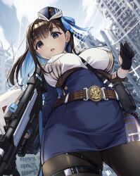 Rule 34 | 1girl, a-senmei, bare shoulders, belt, black pantyhose, breasts, brown hair, detached sleeves, floating hair, from below, goddess of victory: nikke, hat, highres, holding, holding weapon, holster, jacket, large breasts, long hair, looking at viewer, marian (nikke), military, military hat, military uniform, necktie, pantyhose, pouch, purple eyes, sleeveless, solo, thigh holster, uniform, weapon, white jacket