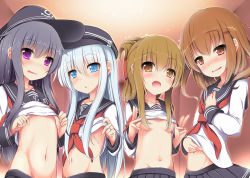 Rule 34 | 10s, 4girls, :o, akatsuki (kancolle), anchor symbol, bad id, bad nicoseiga id, black hair, blue eyes, blush, breasts, brown eyes, brown hair, clothes lift, clothes pull, fang, flat cap, flat chest, folded ponytail, groin, hair censor, hair ornament, hair over breasts, hairpin, hat, hibiki (kancolle), ikazuchi (kancolle), inazuma (kancolle), jewelry, kantai collection, long hair, looking at viewer, mentei yakuna, midriff, multiple girls, navel, neckerchief, no bra, open mouth, parted lips, purple eyes, raised eyebrows, red neckerchief, ring, roman numeral, school uniform, serafuku, shirt lift, short hair, silver hair, skirt, skirt pull, small breasts, smile, stomach, wedding band