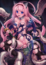 Rule 34 | 1girl, ahoge, animal ears, bare shoulders, blue eyes, blush, breasts, cat ears, cat tail, cleavage, defeat, detached collar, detached sleeves, garter belt, garter straps, hairband, highres, imminent rape, large breasts, long hair, looking at viewer, maidensnow no youkai dai-makyou, monster, musen-shiki sanhankikan, navel, nipple slip, nipples, panties, partially visible vulva, pink hair, pink panties, restrained, skindentation, slime (substance), sword, tail, tentacles, thighhighs, torn clothes, torn legwear, torn panties, underwear, very long hair, weapon