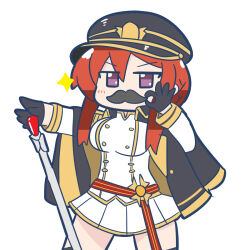 Rule 34 | 1girl, aoirocombo, azur lane, black coat, black gloves, black hat, breasts, buttons, check commentary, chibi, chibi only, coat, coat on shoulders, commentary request, cowboy shot, double-breasted, fake facial hair, fake mustache, gloves, hat, jacket, large breasts, long sleeves, looking at viewer, miniskirt, monarch (azur lane), pleated skirt, purple eyes, red hair, simple background, skirt, solo, thighhighs, white background, white jacket, white skirt, zettai ryouiki