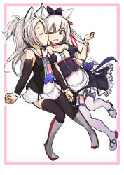 Rule 34 | 2girls, absurdres, animal ears, apron, azur lane, bare shoulders, black bow, black dress, black jacket, black legwear, blue bow, blush, boots, bow, cat ears, closed eyes, closed mouth, commentary request, detached sleeves, dress, frilled dress, frills, green eyes, grey footwear, hair between eyes, hair bow, hair ribbon, hammann (azur lane), hand up, highres, holding hands, j young, jacket, kiss, kissing cheek, knee boots, long hair, long sleeves, multiple girls, one eye closed, one side up, open clothes, open jacket, open mouth, puffy short sleeves, puffy sleeves, red ribbon, ribbon, short sleeves, silver hair, sims (azur lane), strapless, strapless dress, thighhighs, very long hair, waist apron, white apron, white dress, white legwear, wrist cuffs, yuri