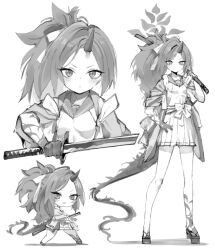 Rule 34 | 1girl, blue archive, blush, breasts, closed mouth, geta, greyscale, grin, halo, haori, highres, holding, holding sword, holding weapon, horns, japanese clothes, katana, kotatu (akaki01aoki00), long hair, monochrome, multiple views, parted lips, pleated skirt, ponytail, renge (blue archive), sailor collar, simple background, single horn, skirt, sleeveless, small breasts, smile, sword, weapon, white background
