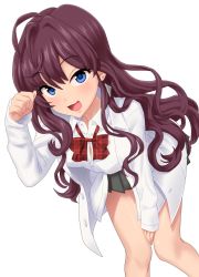 Rule 34 | 1girl, ahoge, blue eyes, blush, bow, bowtie, breasts, brown hair, coat, collared shirt, dress shirt, earrings, grey skirt, hair between eyes, highres, ichinose shiki, idolmaster, idolmaster cinderella girls, jewelry, kezune (i- -i), lab coat, leaning forward, long hair, long sleeves, looking at viewer, medium breasts, open clothes, open coat, open mouth, paw pose, pleated skirt, red bow, red bowtie, shirt, simple background, skirt, smile, solo, thighs, wavy hair, white background, white shirt