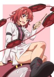 Rule 34 | 1girl, :d, blurry, blurry foreground, blush, breasts, commentary, crossed legs, depth of field, drum, drumsticks, foot out of frame, from below, gyouza (mhea5724), highres, holding, holding drumsticks, horikawa raiko, instrument, jacket, looking at viewer, medium breasts, necktie, open mouth, pink background, purple necktie, red eyes, red hair, simple background, sitting, skirt, skirt set, smile, solo, touhou, white jacket, white skirt, wing collar