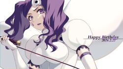 Rule 34 | 1girl, 2024, arrancar, bleach, breasts, cirucci sanderwicci, close-up, closed mouth, colored eyelashes, commentary request, dated, elbow gloves, eyelashes, facial mark, fingerless gloves, frown, gloves, hand up, happy birthday, highres, holding, holding whip, large breasts, long hair, looking at viewer, puffy short sleeves, puffy sleeves, purple eyes, purple hair, purple lips, short sleeves, simple background, solo, sumire 1046, twintails, v-shaped eyebrows, wavy hair, whip, white background, white gloves