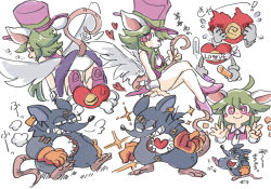Rule 34 | 1girl, 2boys, absurdres, animal ears, blush stickers, breasts, ear tag, gloves, green hair, hat, heart, heart (mad rat dead), highres, leotard, mad rat, mad rat dead, mouse (animal), mouse ears, mouse girl, mouse tail, multiple boys, nippon ichi, rat god, red eyes, stitches, tail, top hat, wings, wrist cuffs