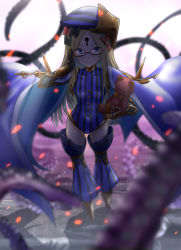 Rule 34 | 1girl, abigail williams (fate), adjusting eyewear, alternate costume, avicebron (fate), avicebron (fate) (cosplay), bespectacled, blonde hair, blue cape, blue eyes, blue thighhighs, blurry, cape, commentary request, cosplay, depth of field, fate/grand order, fate (series), flat chest, forehead, glasses, helmet, highres, holding, holding stuffed toy, keyhole, long hair, looking at viewer, parted bangs, smile, spikes, stuffed animal, stuffed toy, teddy bear, tentacles, thighhighs, tsuyadashi shuuji