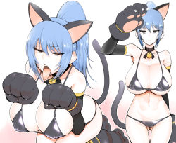 Rule 34 | 1girl, animal ears, animal hands, are (arearee), bell, bikini, blue hair, breasts, cat ears, cat paws, cat tail, cleavage, collar, grey eyes, huge breasts, leona heidern, long hair, multiple views, navel, open mouth, oral invitation, panties, ponytail, salute, snk, swimsuit, tail, the king of fighters, tongue, tongue out, underwear