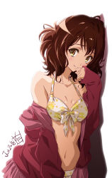 Rule 34 | 1girl, bad id, bad pixiv id, bikini, breasts, brown eyes, brown hair, cleavage, collarbone, dated, floral print, front-tie bikini top, front-tie top, hair between eyes, hibike! euphonium, highres, jacket, long hair, looking at viewer, medium breasts, midriff, miniskirt, navel, nii manabu, off shoulder, open clothes, open jacket, oumae kumiko, pink skirt, pleated skirt, red jacket, shiny skin, signature, simple background, skirt, smile, solo, standing, stomach, swimsuit, upper body, white background