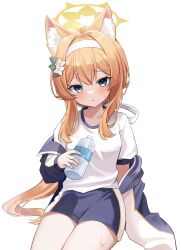 Rule 34 | 1girl, absurdres, animal ear fluff, animal ears, black shorts, blue archive, blue eyes, blush, bottle, breasts, cowboy shot, flower, gym shirt, gym uniform, hair between eyes, hair flower, hair ornament, hairband, halo, highres, holding, holding bottle, jacket, long hair, looking at viewer, mari (blue archive), mari (track) (blue archive), nannung, official alternate costume, orange hair, parted lips, shirt, short sleeves, shorts, simple background, small breasts, solo, track jacket, water bottle, white background, white flower, white hairband, white shirt, yellow halo