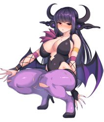 Rule 34 | 1girl, absurdres, bare shoulders, blush, breasts, commission, copyright request, demon girl, demon horns, demon wings, fingernails, gloves, highres, horns, kagi f, large breasts, long fingernails, long hair, open mouth, pantyhose, parted lips, purple eyes, purple hair, simple background, smile, solo, squatting, demon girl, white background, wings