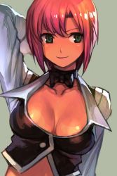 Rule 34 | 1girl, arm behind head, arm up, blush, breasts, cleavage, closed mouth, green eyes, grey background, hungry clicker, large breasts, long sleeves, looking to the side, red hair, rio rollins, short hair, simple background, smile, solo, super blackjack, tecmo, upper body