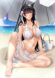 Rule 34 | 1girl, animal ears, atago (azur lane), atago (summer march) (azur lane), azur lane, beach, beach umbrella, bikini, black hair, breasts, center opening, character name, covered erect nipples, extra ears, flower, full body, hair flower, hair ornament, hair ribbon, halterneck, highres, kobapyon, large breasts, legs, long hair, looking at viewer, mole, mole under eye, official alternate costume, pink flower, ribbon, sand, sandals, sarong, see-through, see-through sarong, solo, swimsuit, toeless footwear, toes, umbrella, water, white bag, white bikini, white footwear, white ribbon, white sarong