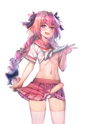 Rule 34 | 1boy, astolfo (fate), astolfo (sailor paladin) (fate), blush, bow (bhp), braid, censored, clothes lift, erection, fang, fate/apocrypha, fate/grand order, fate (series), foreskin, hair ribbon, long hair, looking at viewer, male focus, midriff, mosaic censoring, navel, nipples, official alternate costume, open mouth, panties, penis, pink hair, pleated skirt, purple eyes, ribbon, sailor collar, school uniform, serafuku, shirt lift, simple background, single braid, skirt, smile, solo, striped clothes, striped panties, thighhighs, trap, underwear, v, white background, white thighhighs