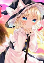 Rule 34 | 1girl, alternate eye color, armband, arms up, bad id, bad pixiv id, black hat, black skirt, black vest, blonde hair, blue eyes, blurry, blurry background, blush, brad, braid, cloud, commentary, cowboy shot, expressionless, hair blowing, hat, hat ribbon, highres, juliet sleeves, kirisame marisa, leaning on broom, long hair, long sleeves, looking at viewer, outdoors, own hands together, puffy sleeves, purple sky, ribbon, shirt, single braid, skirt, sky, solo, standing, touhou, twilight, very long hair, vest, white shirt, witch hat, yellow sky