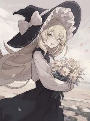 Rule 34 | 1girl, black hat, black skirt, blonde hair, bouquet, bow, braid, cowboy shot, flower, hat, hat bow, highres, holding, holding bouquet, kirisame marisa, long hair, long sleeves, looking at viewer, muted color, open mouth, outdoors, rcs 4, shirt, single braid, skirt, solo, touhou, very long hair, white bow, white shirt, witch hat, yellow eyes