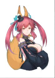 Rule 34 | 10s, 1girl, animal ears, breasts, brown eyes, cropped torso, fate/extra, fate (series), fox ears, fox tail, hat, jhcrow, large breasts, light smile, long hair, looking at viewer, mini hat, mini top hat, official alternate costume, parted lips, pink hair, simple background, smile, solo, tail, tamamo no mae (fate/extra), tamamo no mae (sable mage) (fate), top hat, twintails, white background