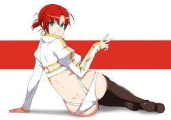 Rule 34 | 1girl, akitetsu, ass, bad id, bad twitter id, boots, boudica (fate), butt crack, commentary request, dimples of venus, fate/grand order, fate (series), from behind, full body, green eyes, highres, juliet sleeves, long sleeves, looking at viewer, looking back, ponytail, puffy sleeves, red hair, short hair, shrug (clothing), smile, solo, thigh boots, thighhighs, v