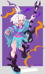 Rule 34 | 1girl, bass guitar, blue eyes, boots, bra strap, cashumeru, commission, creatures (company), dress, forehead, freckles, game freak, gym leader, hair bobbles, hair ornament, highres, instrument, looking at viewer, nintendo, oversized clothes, plectrum, pokemon, pokemon bw2, roxie (pokemon), solo, strapless, strapless dress, striped clothes, striped dress, white hair