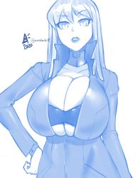 Rule 34 | 1girl, 2020, aurahack, bodysuit, breasts squeezed together, breasts, cleavage, commentary, dated, devil summoner, hand on own hip, highres, huge breasts, lipstick, long hair, looking at viewer, makeup, monochrome, nemissa, parted lips, shin megami tensei, signature, simple background, solo, soul hackers, strapless, tube top, twitter username, white background