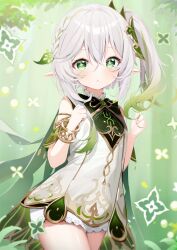 Rule 34 | 1girl, :&lt;, bare shoulders, blush, braid, closed mouth, commentary request, cross-shaped pupils, deyui, dress, genshin impact, gradient hair, green eyes, green hair, grey hair, hair between eyes, hands up, highres, looking at viewer, multicolored hair, nahida (genshin impact), pointy ears, short shorts, shorts, shorts under dress, side ponytail, sidelocks, sleeveless, sleeveless dress, solo, symbol-shaped pupils, white dress, white shorts