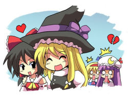 Rule 34 | 4girls, ^ ^, alice margatroid, black hair, blonde hair, bow, broken heart, closed eyes, colonel aki, crescent, crescent moon, dress, closed eyes, female focus, hair bow, hair ribbon, hairband, hakurei reimu, hat, heart, japanese clothes, jealous, kirisame marisa, long hair, lowres, miko, moon, multiple girls, open mouth, patchouli knowledge, purple bow, purple hair, ribbon, short hair, touhou, witch, witch hat